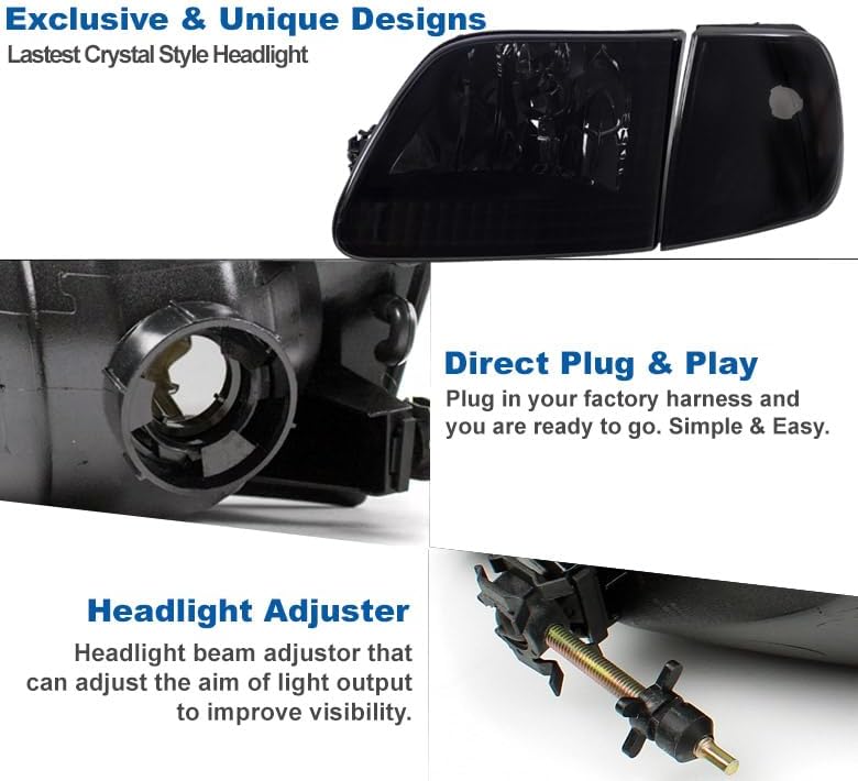 DrivegoPlus Replacement Headlights w/Corner Lights Amber/Smoke Compatible with 1997-03 Ford F-150 | 1997-02 Expedition
