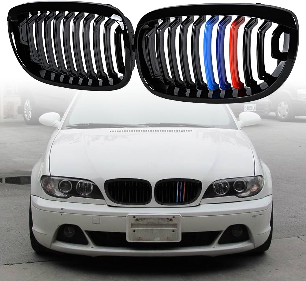 DrivegoPlus Left Right Glossy Black M-Color Kidney Grille Grill Compatible with 2003-2006 BMW E46 325Ci 330Ci 2-Door LCI