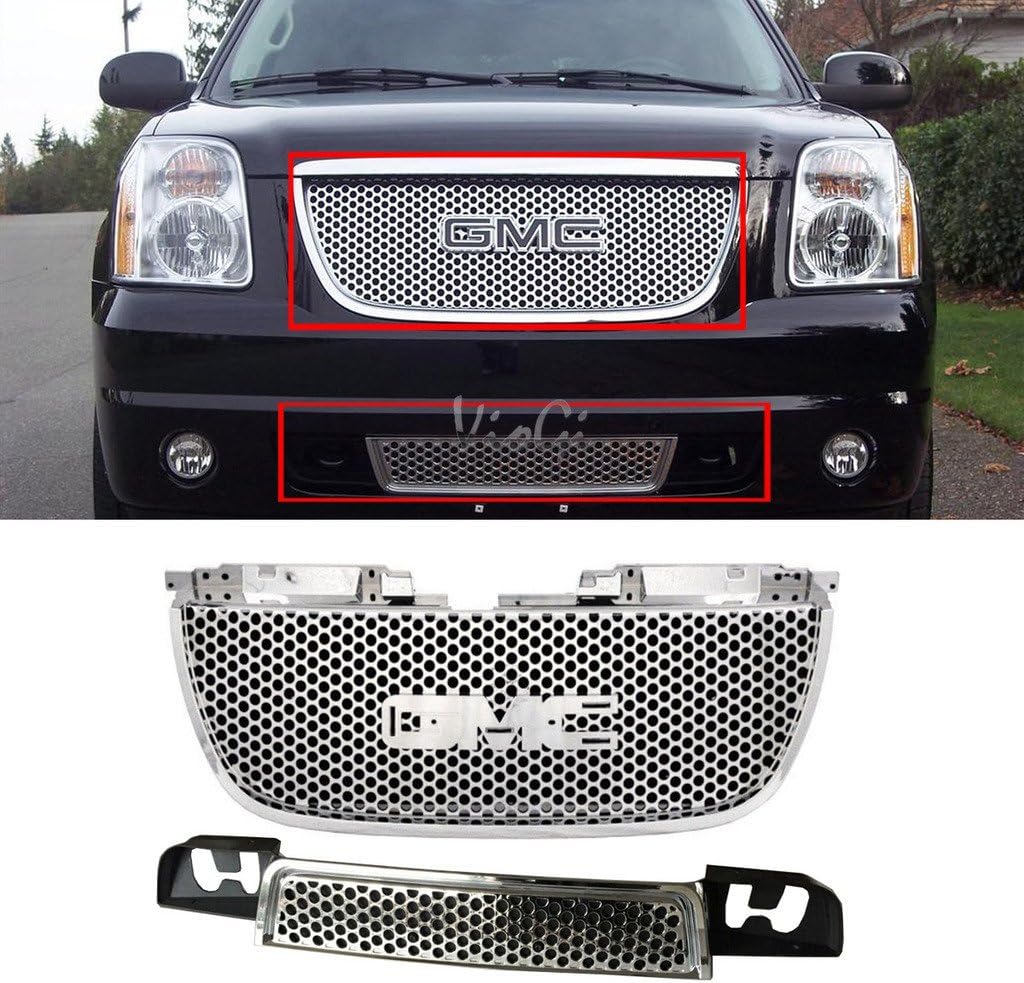 DrivegoPlus 1pc Upper + 1pc Lower Bumper Front ABS Plastic Chrome Round Hole Style Grille Assembly For 07-14 GMC Yukon Base/SLE/SLT/Denali & 07-14 GMC Yukon XL 1500/2500 SLE/SLT/Denali