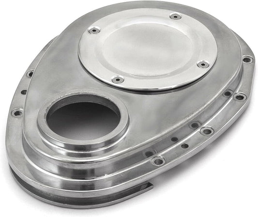DrivegoPlus SBC 350 2-Piece Polished Aluminum Timing Chain Cover w/Inspection Plate PCE265_1061