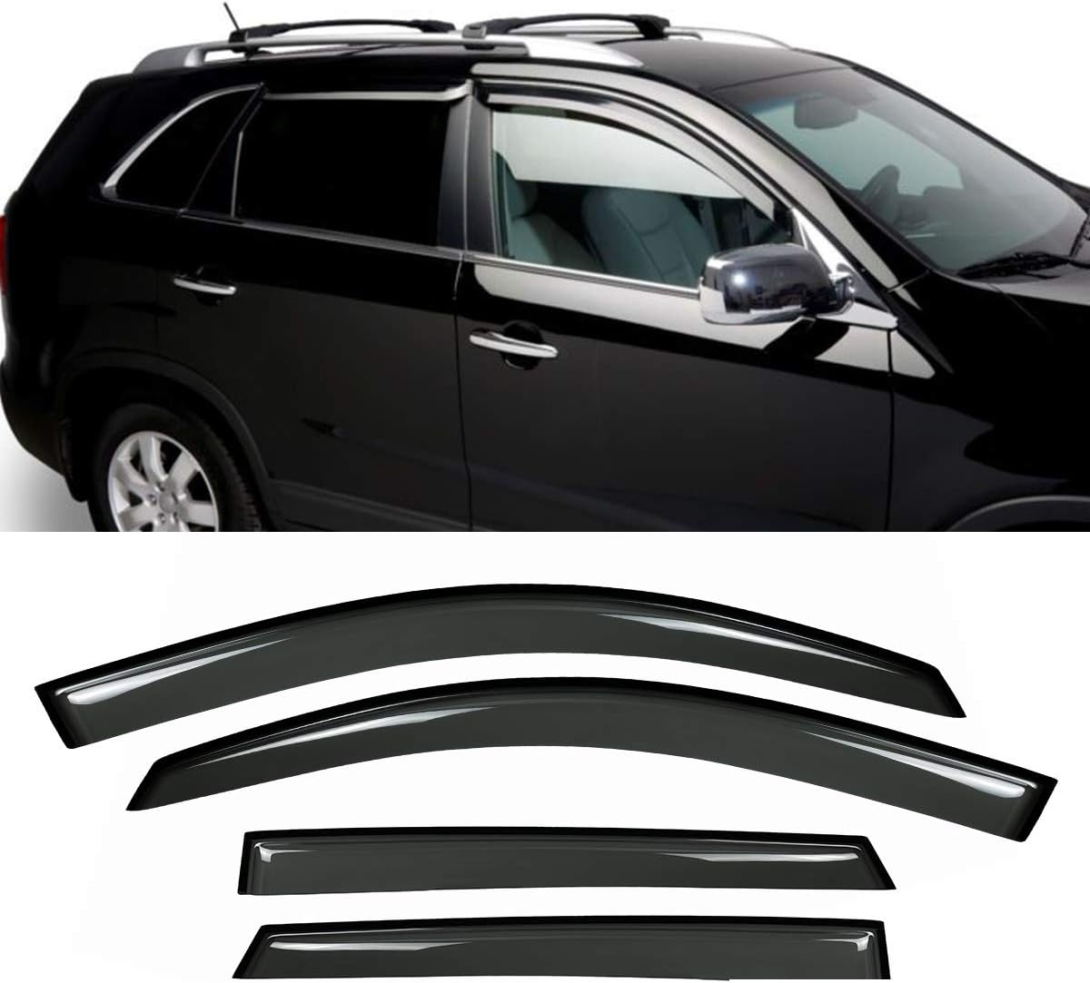 DrivegoPlus  New 4pcs for 11-15 Kia Sorento Wind Dark Smoke Out-Channel/Outside Mount Style Wind Sun Rain Guard Vent Shade Deflector Window Visors