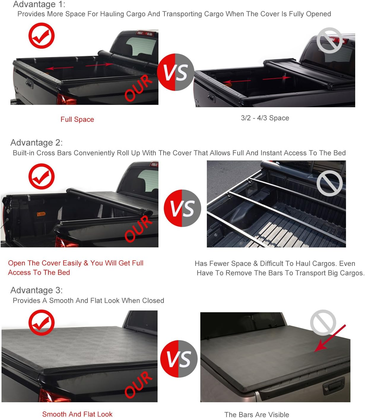 DrivegoPlus Black Vinyl Clamp On Soft Lock & Roll-up Top Mount Tonneau Cover Assembly w/Rails+Mounting Hardware Fit 05-15 Toyota Tacoma Pickup 6ft Fleetside Bed