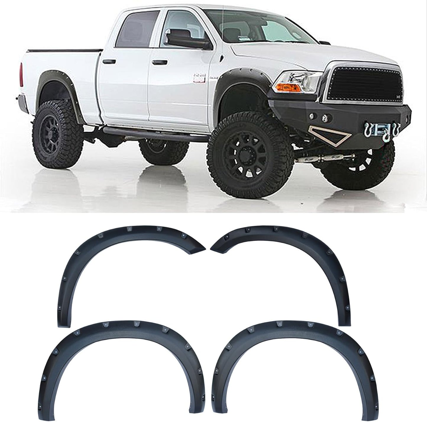 DrivegoPlus  4pcs Textured Black ABS Plastic Pocket-Riveted Fender Flares with Mounting Hardware & Instruction Fit 09-16 Dodge Ram 1500 Pickup