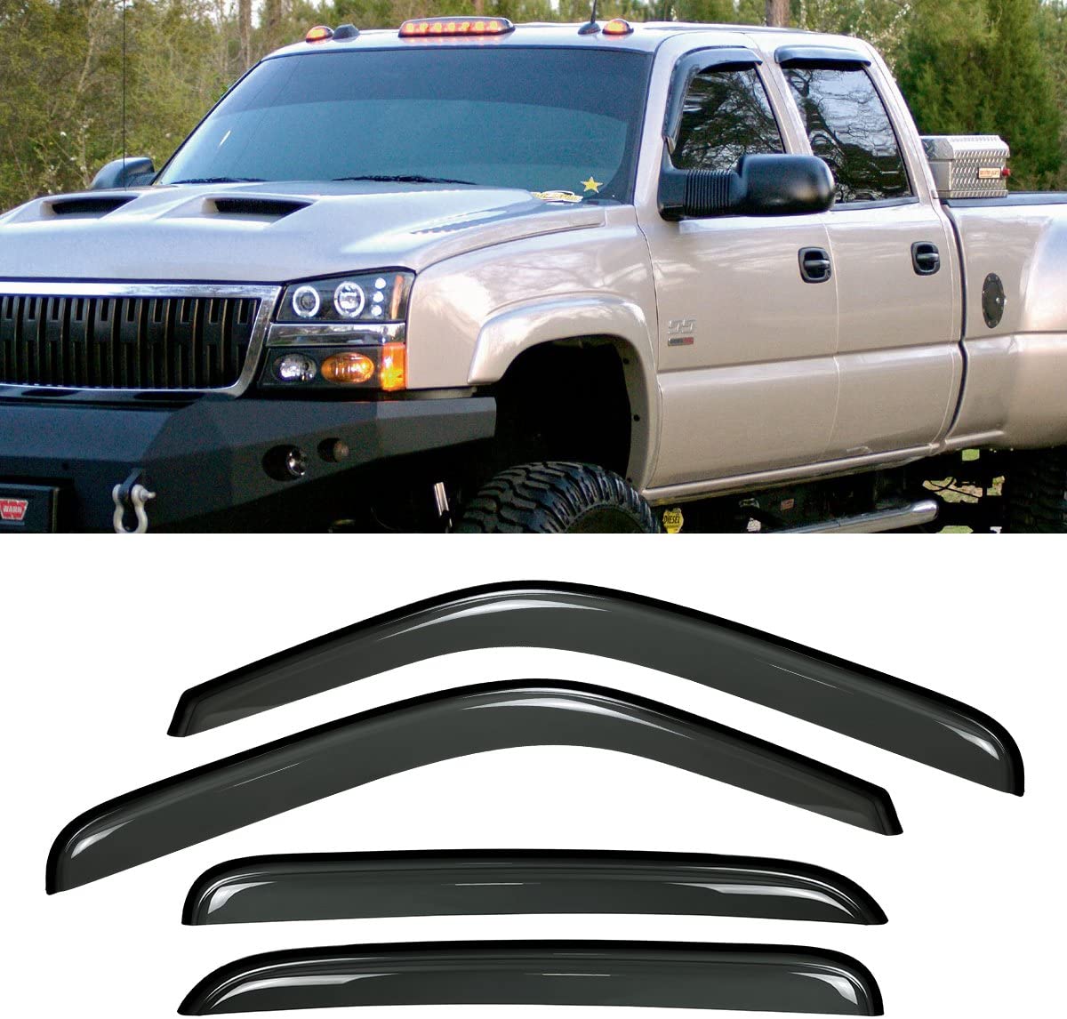DrivegoPlus 4pcs for Chevy/GMC/Cadillac Crew Cab SUV Dark Smoke Out-Channel/Outside Mount Style Wind Sun Rain Guard Vent Shade Deflector Window Visors