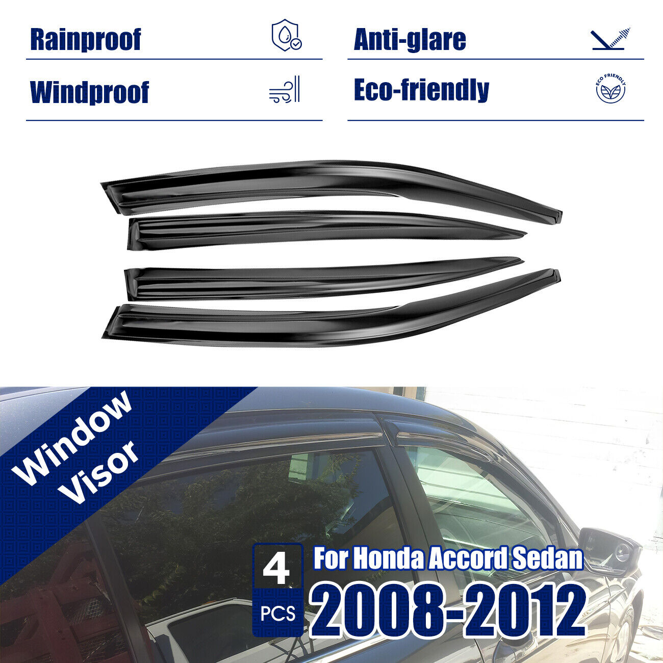 DrivegoPlus For Honda Accord 2008-2012 JDM Side Window Vent Visor Sun Rain Guard Deflector